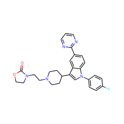 O=C1OCCN1CCN1CCC(c2cn(-c3ccc(F)cc3)c3ccc(-c4ncccn4)cc23)CC1 ZINC000013493021