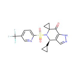 O=C1c2[nH]ncc2[C@@H](C2CC2)N(S(=O)(=O)c2ccc(C(F)(F)F)cn2)C12CC2 ZINC000049050197