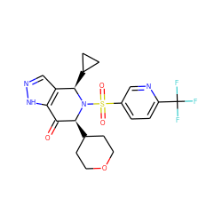 O=C1c2[nH]ncc2[C@@H](C2CC2)N(S(=O)(=O)c2ccc(C(F)(F)F)nc2)[C@H]1C1CCOCC1 ZINC000049036068