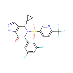 O=C1c2[nH]ncc2[C@H](C2CC2)N(S(=O)(=O)c2ccc(C(F)(F)F)nc2)[C@@H]1c1cc(F)cc(F)c1 ZINC000049036778