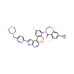 O=C1c2c(F)cc(C3CC3)cc2OCCN1c1cc(F)cc(-c2ccnc3[nH]c(-c4ccc(CN5CCOCC5)cn4)cc23)c1CO ZINC001772623405