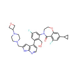 O=C1c2c(F)cc(C3CC3)cc2OCCN1c1cc(F)cc(-c2ccnc3[nH]c(CN4CCN(C5COC5)CC4)cc23)c1CO ZINC001772608559