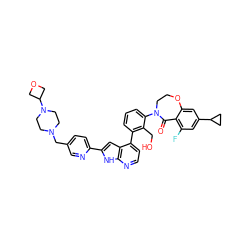 O=C1c2c(F)cc(C3CC3)cc2OCCN1c1cccc(-c2ccnc3[nH]c(-c4ccc(CN5CCN(C6COC6)CC5)cn4)cc23)c1CO ZINC001772642554