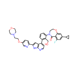 O=C1c2c(F)cc(C3CC3)cc2OCCN1c1cccc(-c2ccnc3[nH]c(-c4ccc(OCCN5CCOCC5)cn4)cc23)c1CO ZINC001772579106