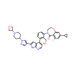 O=C1c2c(F)cc(C3CC3)cc2OCCN1c1cccc(-c2ccnc3[nH]c(-c4cnn(C5CCN(C6COC6)CC5)c4)cc23)c1CO ZINC001772596316