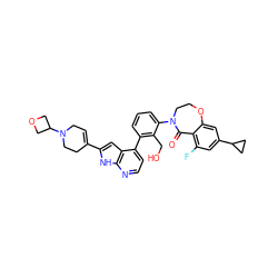 O=C1c2c(F)cc(C3CC3)cc2OCCN1c1cccc(-c2ccnc3[nH]c(C4=CCN(C5COC5)CC4)cc23)c1CO ZINC000148749167