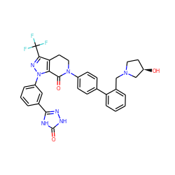 O=C1c2c(c(C(F)(F)F)nn2-c2cccc(-c3n[nH]c(=O)[nH]3)c2)CCN1c1ccc(-c2ccccc2CN2CC[C@@H](O)C2)cc1 ZINC000049709720