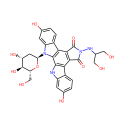 O=C1c2c(c3c4ccc(O)cc4n([C@@H]4C[C@@H](O)[C@H](O)[C@@H](CO)O4)c3c3[nH]c4cc(O)ccc4c23)C(=O)N1NC(CO)CO ZINC000027420819