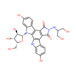 O=C1c2c(c3c4ccc(O)cc4n([C@@H]4O[C@H](CO)[C@H](O)[C@H]4O)c3c3[nH]c4cc(O)ccc4c23)C(=O)N1NC(CO)CO ZINC000027430140