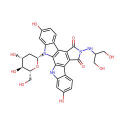 O=C1c2c(c3c4ccc(O)cc4n([C@H]4C[C@@H](O)[C@H](O)[C@@H](CO)O4)c3c3[nH]c4cc(O)ccc4c23)C(=O)N1NC(CO)CO ZINC000027420823