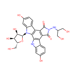 O=C1c2c(c3c4ccc(O)cc4n([C@H]4O[C@H](CO)[C@@H](O)[C@H]4O)c3c3[nH]c4cc(O)ccc4c23)C(=O)N1NC(CO)CO ZINC000027430145