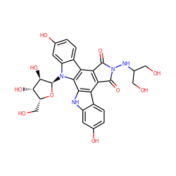 O=C1c2c(c3c4ccc(O)cc4n([C@H]4O[C@H](CO)[C@H](O)[C@H]4O)c3c3[nH]c4cc(O)ccc4c23)C(=O)N1NC(CO)CO ZINC000027429873