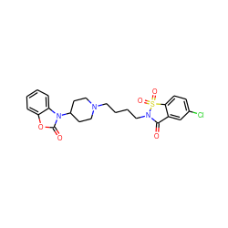 O=C1c2cc(Cl)ccc2S(=O)(=O)N1CCCCN1CCC(n2c(=O)oc3ccccc32)CC1 ZINC000001902849