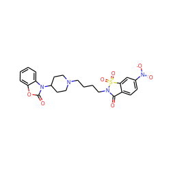 O=C1c2ccc([N+](=O)[O-])cc2S(=O)(=O)N1CCCCN1CCC(n2c(=O)oc3ccccc32)CC1 ZINC000026498539