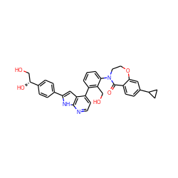 O=C1c2ccc(C3CC3)cc2OCCN1c1cccc(-c2ccnc3[nH]c(-c4ccc([C@H](O)CO)cc4)cc23)c1CO ZINC000148749903