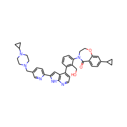 O=C1c2ccc(C3CC3)cc2OCCN1c1cccc(-c2ccnc3[nH]c(-c4ccc(CN5CCN(C6CC6)CC5)cn4)cc23)c1CO ZINC001772609170