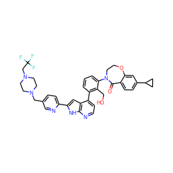 O=C1c2ccc(C3CC3)cc2OCCN1c1cccc(-c2ccnc3[nH]c(-c4ccc(CN5CCN(CC(F)(F)F)CC5)cn4)cc23)c1CO ZINC000224772257