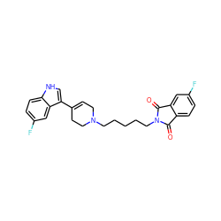 O=C1c2ccc(F)cc2C(=O)N1CCCCCN1CC=C(c2c[nH]c3ccc(F)cc23)CC1 ZINC000027407234