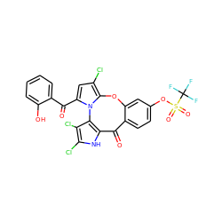 O=C1c2ccc(OS(=O)(=O)C(F)(F)F)cc2Oc2c(Cl)cc(C(=O)c3ccccc3O)n2-c2c1[nH]c(Cl)c2Cl ZINC000653882866