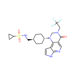 O=C1c2cnc3[nH]ccc3c2N([C@H]2CC[C@H](CNS(=O)(=O)C3CC3)CC2)CN1CC(F)(F)F ZINC001772607601