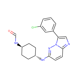 O=CN[C@H]1CC[C@H](Nc2ccc3ncc(-c4cccc(Cl)c4)n3n2)CC1 ZINC001772634277