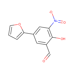 O=Cc1cc(-c2ccco2)cc([N+](=O)[O-])c1O ZINC000169699634