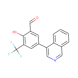 O=Cc1cc(-c2cncc3ccccc23)cc(C(F)(F)F)c1O ZINC000169699618