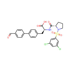 O=Cc1ccc(-c2ccc(C[C@H](NC(=O)[C@@H]3CCCN3S(=O)(=O)c3cc(Cl)cc(Cl)c3)C(=O)O)cc2)cc1 ZINC000026641816