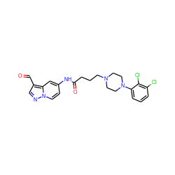 O=Cc1cnn2ccc(NC(=O)CCCN3CCN(c4cccc(Cl)c4Cl)CC3)cc12 ZINC001772570922