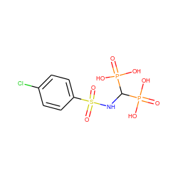 O=P(O)(O)C(NS(=O)(=O)c1ccc(Cl)cc1)P(=O)(O)O ZINC000034237344