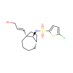 O=S(=O)(N[C@H]1[C@H]2CCCC[C@@]1(/C=C/CO)CC2)c1ccc(Cl)s1 ZINC000195230397