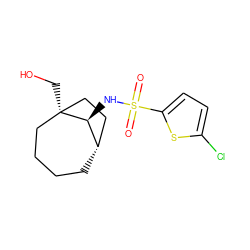 O=S(=O)(N[C@H]1[C@H]2CCCC[C@@]1(CO)CC2)c1ccc(Cl)s1 ZINC000195086144