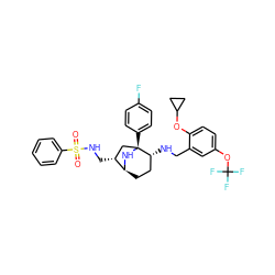 O=S(=O)(NC[C@@H]1C[C@@]2(c3ccc(F)cc3)N[C@H]1CC[C@H]2NCc1cc(OC(F)(F)F)ccc1OC1CC1)c1ccccc1 ZINC000101037981