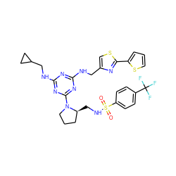 O=S(=O)(NC[C@H]1CCCN1c1nc(NCc2csc(-c3cccs3)n2)nc(NCC2CC2)n1)c1ccc(C(F)(F)F)cc1 ZINC000095556848