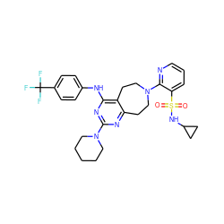 O=S(=O)(NC1CC1)c1cccnc1N1CCc2nc(N3CCCCC3)nc(Nc3ccc(C(F)(F)F)cc3)c2CC1 ZINC000145093457