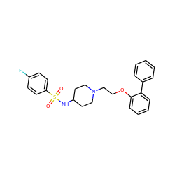 O=S(=O)(NC1CCN(CCOc2ccccc2-c2ccccc2)CC1)c1ccc(F)cc1 ZINC000653793311