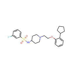 O=S(=O)(NC1CCN(CCOc2ccccc2C2CCCC2)CC1)c1cccc(F)c1 ZINC000653699933