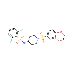 O=S(=O)(NC1CCN(S(=O)(=O)c2ccc3c(c2)OCCO3)CC1)c1c(F)cccc1F ZINC000036380761