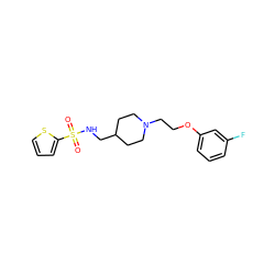 O=S(=O)(NCC1CCN(CCOc2cccc(F)c2)CC1)c1cccs1 ZINC000095574377