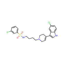 O=S(=O)(NCCCCN1CC=C(c2c[nH]c3ccc(Cl)cc23)CC1)c1cccc(Cl)c1 ZINC000114602689