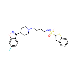 O=S(=O)(NCCCCN1CCC(c2noc3cc(F)ccc23)CC1)c1cc2ccccc2s1 ZINC000114602679