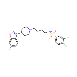 O=S(=O)(NCCCCN1CCC(c2noc3cc(F)ccc23)CC1)c1ccc(Cl)c(Cl)c1 ZINC000114601350