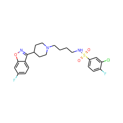 O=S(=O)(NCCCCN1CCC(c2noc3cc(F)ccc23)CC1)c1ccc(F)c(Cl)c1 ZINC000114600815