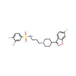 O=S(=O)(NCCCN1CCC(c2noc3cc(F)ccc23)CC1)c1ccc(F)c(Cl)c1 ZINC000114601275