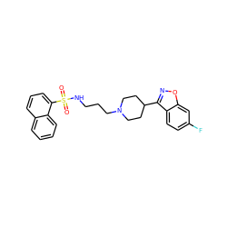 O=S(=O)(NCCCN1CCC(c2noc3cc(F)ccc23)CC1)c1cccc2ccccc12 ZINC000114600835