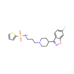 O=S(=O)(NCCCN1CCC(c2noc3cc(F)ccc23)CC1)c1cccs1 ZINC000114601497