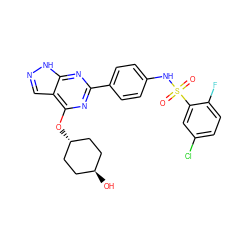 O=S(=O)(Nc1ccc(-c2nc(O[C@H]3CC[C@H](O)CC3)c3cn[nH]c3n2)cc1)c1cc(Cl)ccc1F ZINC000299830374