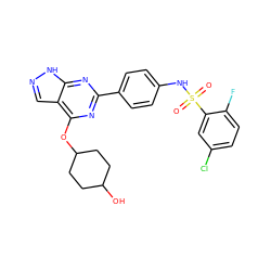 O=S(=O)(Nc1ccc(-c2nc(OC3CCC(O)CC3)c3cn[nH]c3n2)cc1)c1cc(Cl)ccc1F ZINC000217934820