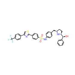 O=S(=O)(Nc1ccc(C[C@H]2CC[C@@H]([C@@H](O)c3ccccc3)N2)cc1)c1ccc(-c2nc(-c3ccc(C(F)(F)F)cc3)cs2)cc1 ZINC000072126800