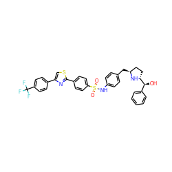 O=S(=O)(Nc1ccc(C[C@H]2CC[C@H]([C@@H](O)c3ccccc3)N2)cc1)c1ccc(-c2nc(-c3ccc(C(F)(F)F)cc3)cs2)cc1 ZINC000072126804